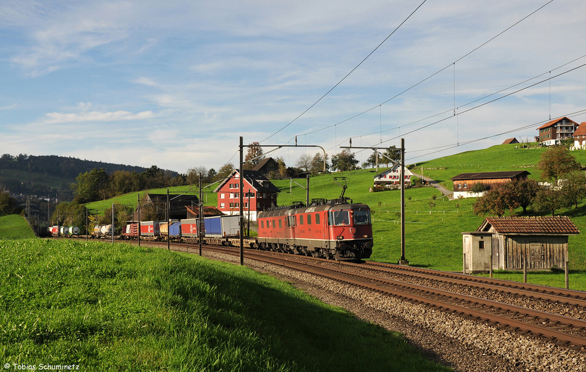 Re4/4'' 11163 + Re6/6 11666 mit Güterzug am 14.10.2014 bei Immensee