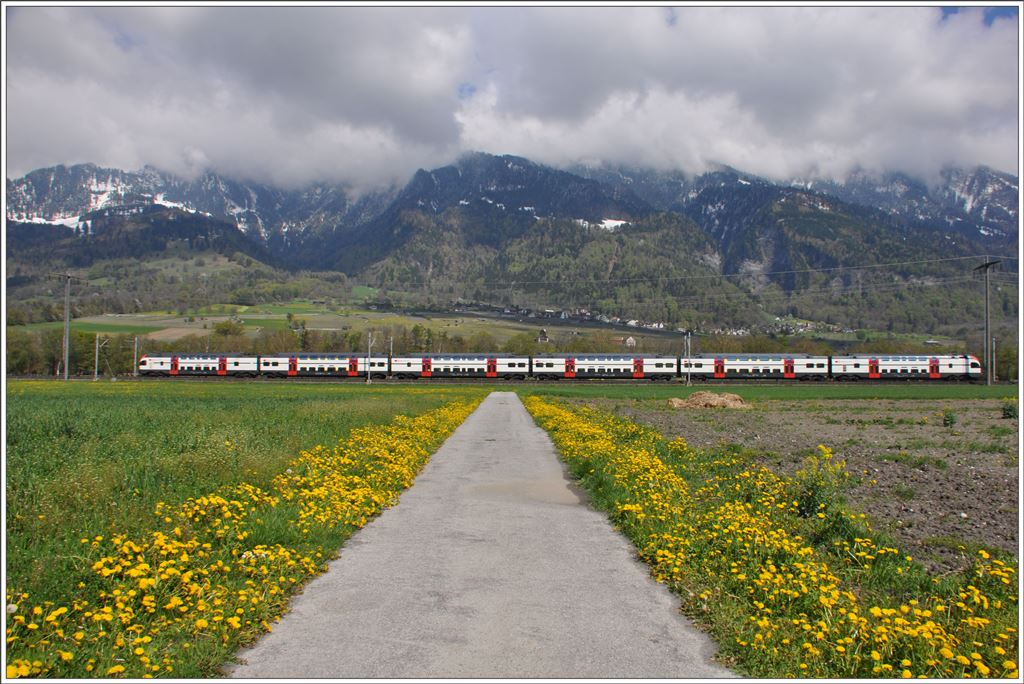 RE4876 in der Bündner Herrschaft mit dem Weinbaudorf Jenins im Hintergrund. (19.04.2016)