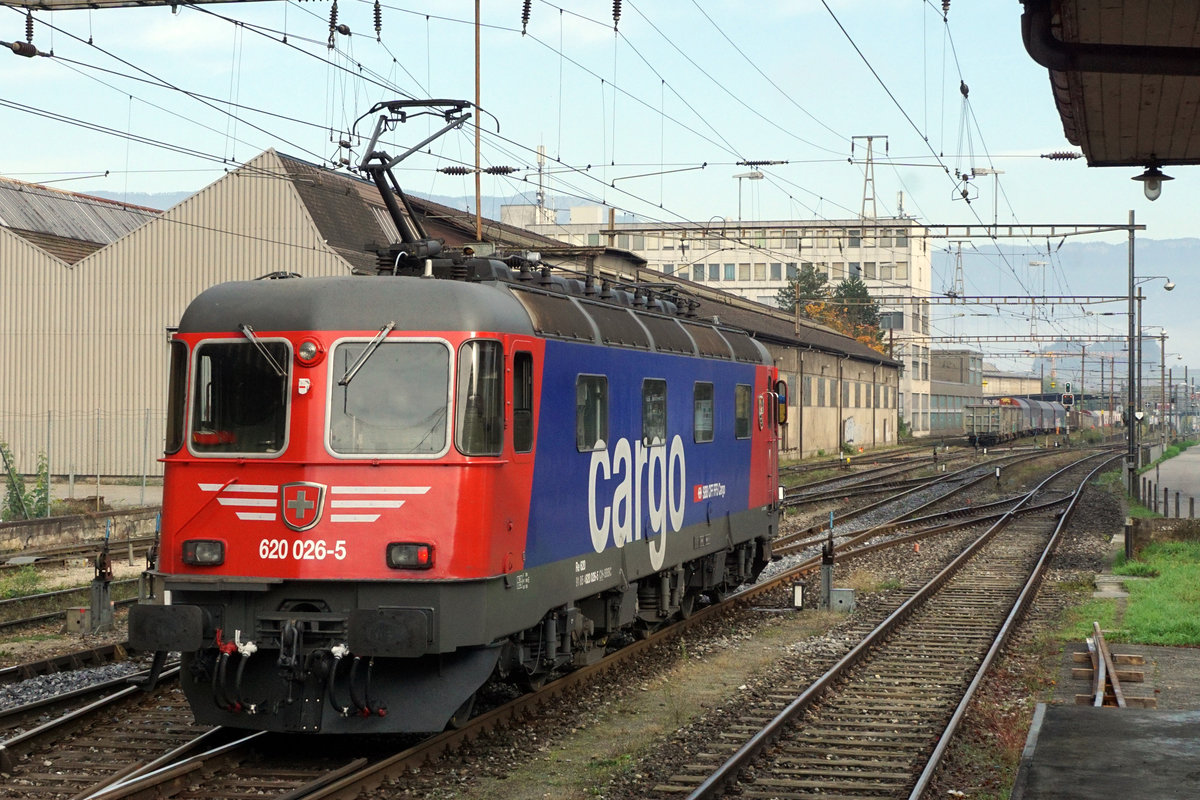 Refit Re 620 026-5  ZOLLIKOFEN  von SBB CARGO.
Seit einigen Tagen präsentiert sich die nigelnagelneue Re 620 026-5  ZOLLIKOFEN  nach der R3 vom 16.9.2019 mit einem neuen Anstrich. Mit den erhaltenen Silberstreifen auf den beiden Stirnfronten gehört sie für die Bahnfreunde der Re 620 zu den fotogensten Lokomotiven der Flotte von SBB CARGO.
Am 24. Oktober 2019 konnte sie erstmals seit der Erneuerung in Gerlafingen bewundert werden.
Fotostandort: Rampe Güterschuppen, Bildausschnitt Fotoshop.
Foto: Walter Ruetsch 