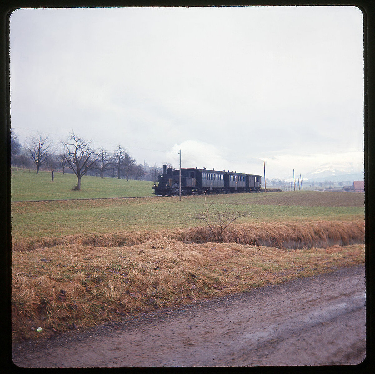 Regelzug der Sursee-Triengen Bahn am 21.März 1965. Mit Volldampf strebt der Zug die letzten Kilometer hinauf nach Triengen. 