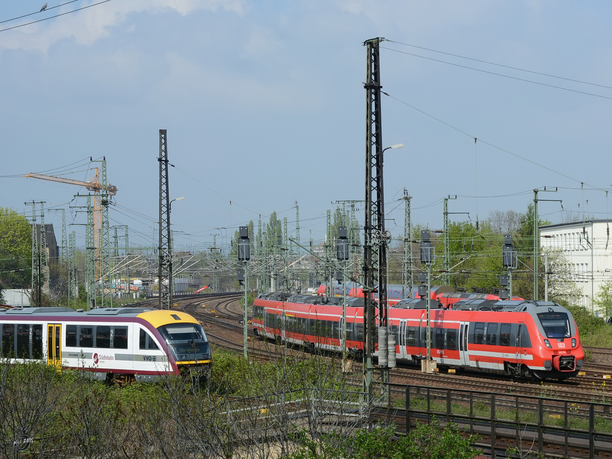 Reger Bahnverkehr in Dresden. Ein Desiro-Triebzug der Städtebahn Sachsen, Ein Talent 2-Triebzug von DB Regio und dahinter ein Zug der Dresdner S-Bahn, alles unter Beobachtung einer aufmerksamen Taube.