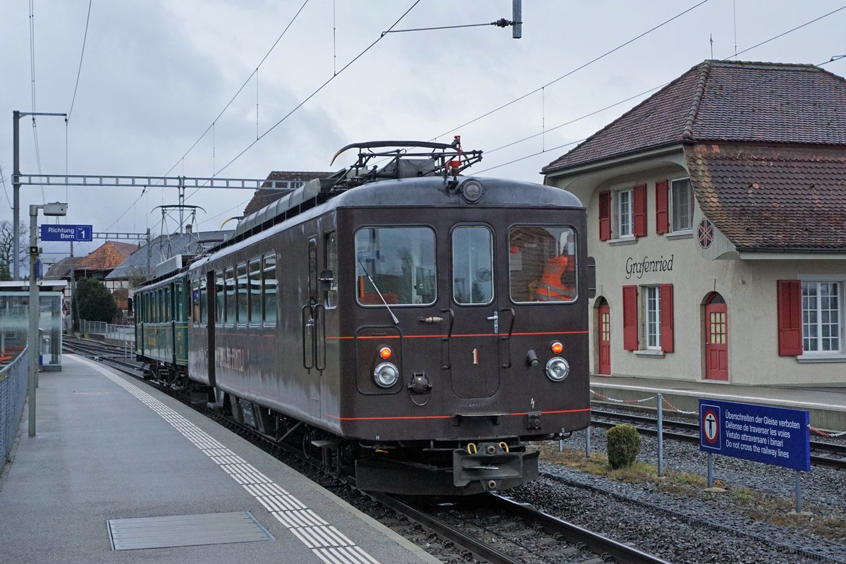 Regionalverkehr Bern-Solothurn/RBS.
Impressionen der Sonderfahrt vom 29. Januar 2020 mit dem historischen Zug bestehend aus dem CFe 4/4 11 und dem Bre 4/4 1.
Foto Walter Ruetsch