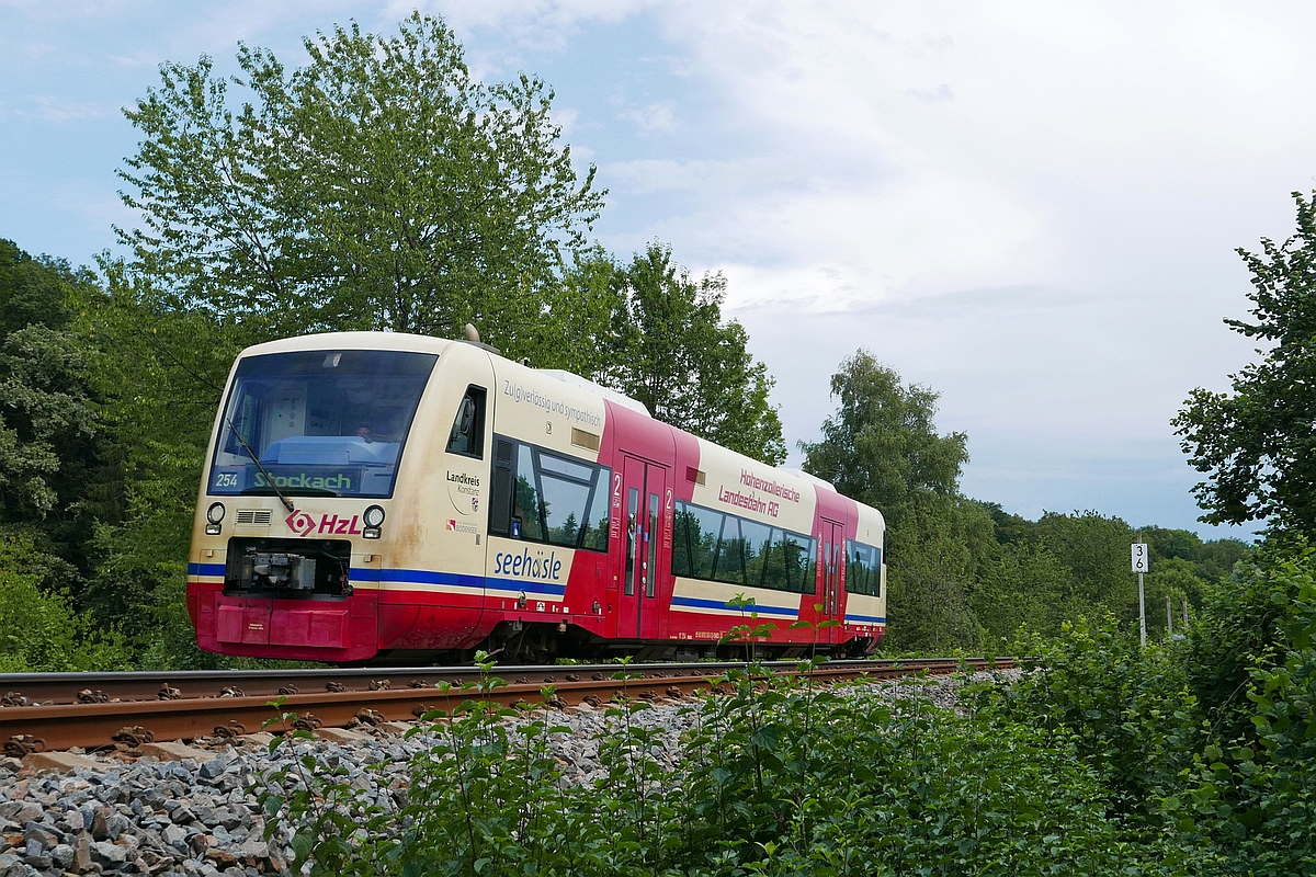 RegioShuttle 254 als HzL 88241, Radolfzell - Stockach, ist noch ca. einen Kilometer auf dem Doppelspurabschnitt zwischen Radolfzell und dem Brandbhltunnel unterwegs, bevor es eingleisig weitergeht. Aufnahme vom 27.07.2019 Nhe Radolfzell.