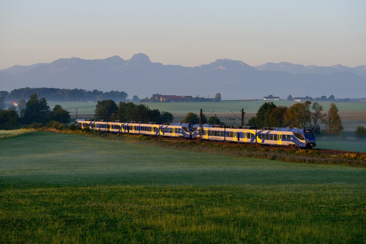 Relativ unbeliebt bei Eisenbahnfotografen sind die Flirt-Triebzüge des Meridians. Zu unattraktiv sind Form- und Farbgebung. Möchte man den Betrieb auf der KBS 950 dokumentieren, dann dürfen sie jedoch nicht fehlen. Bei reizvollen Wetter- und Lichtstimmungen bietet sich ein Foto an. So am Morgen des 30. August 2017, als der M 79006 auf seiner Fahrt nach München HBF bei Haus von den ersten Sonnenstrahlen des Tages beleuchtet wurde.