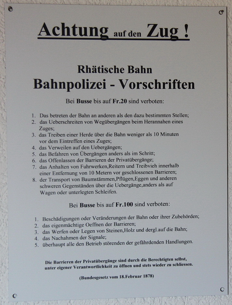 Rhätische Bahn,Bahnpolizeiliche Vorschriften anno 1878 (Replik,Sammlung P.Walter)