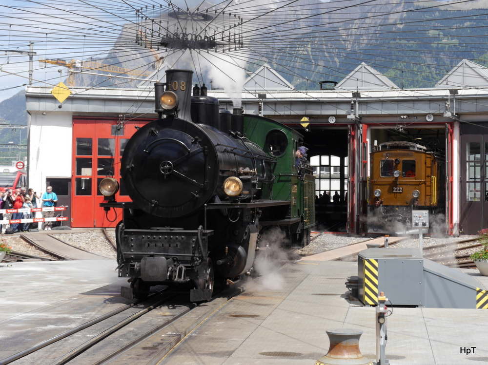 RhB - 125 Jahre Feier der RhB in Landquart mit der Dampflok G 4/5 108 Engadina auf der Werkstätte Drehscheibe am 10.05.2014