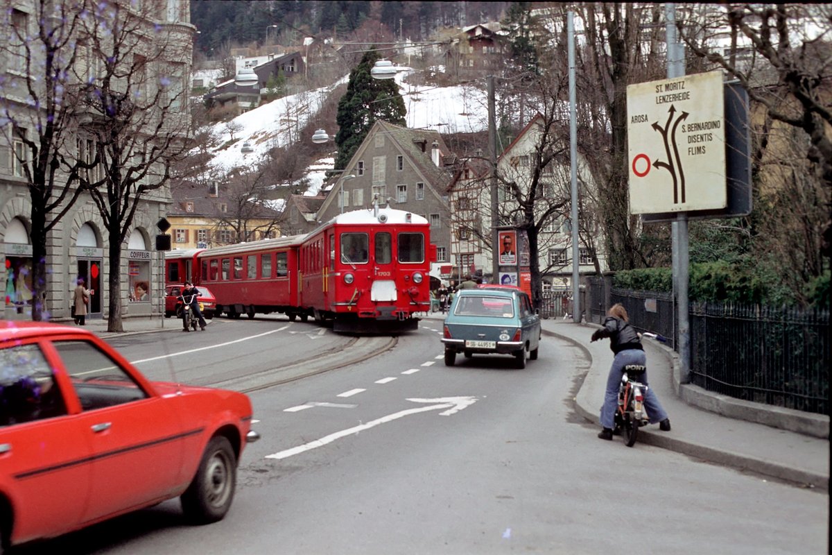 RhB, Arosa Linie, Chur, Marz 1978. Digitalisiert von einer Kodak-Folie
