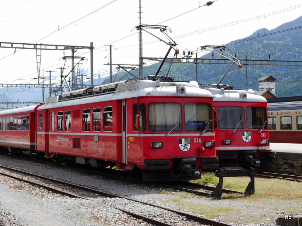 RhB - Triebwagen  Be 4/4 516 und Be 4/4 513 im Bahnhofsareal in Landquart am 10.05.2014