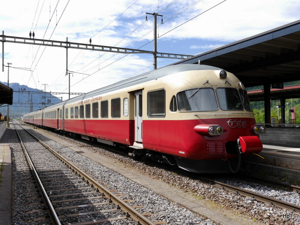 RhB/SBB - 125 Jahre Feier der RhB in Landquart. SBB Historic mit Extrazug TEE RAe 1053 im Bahnhof von Landquart am 10.05.2014