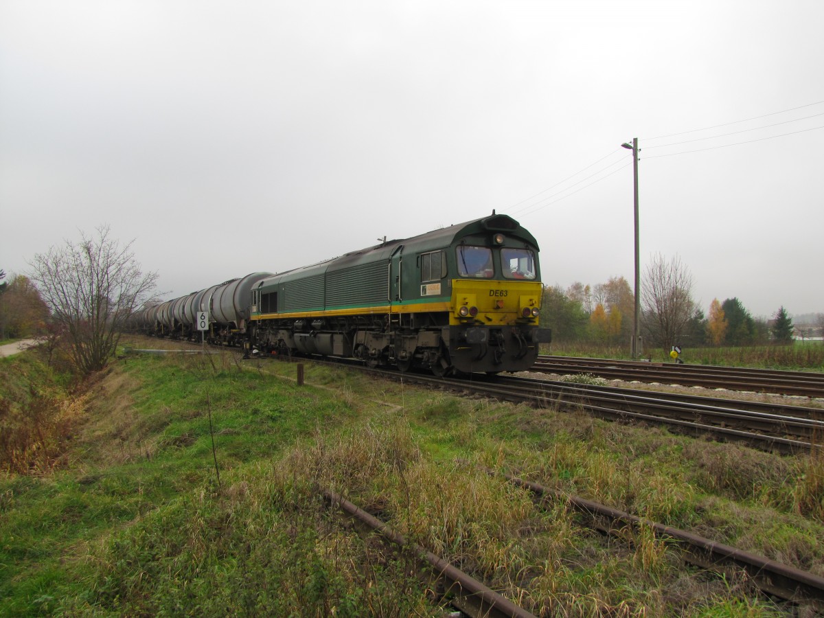 RheinCargo DE 63 mit dem DGS 95250 nach Grokorbetha, am 15.11.2013 in Emleben.