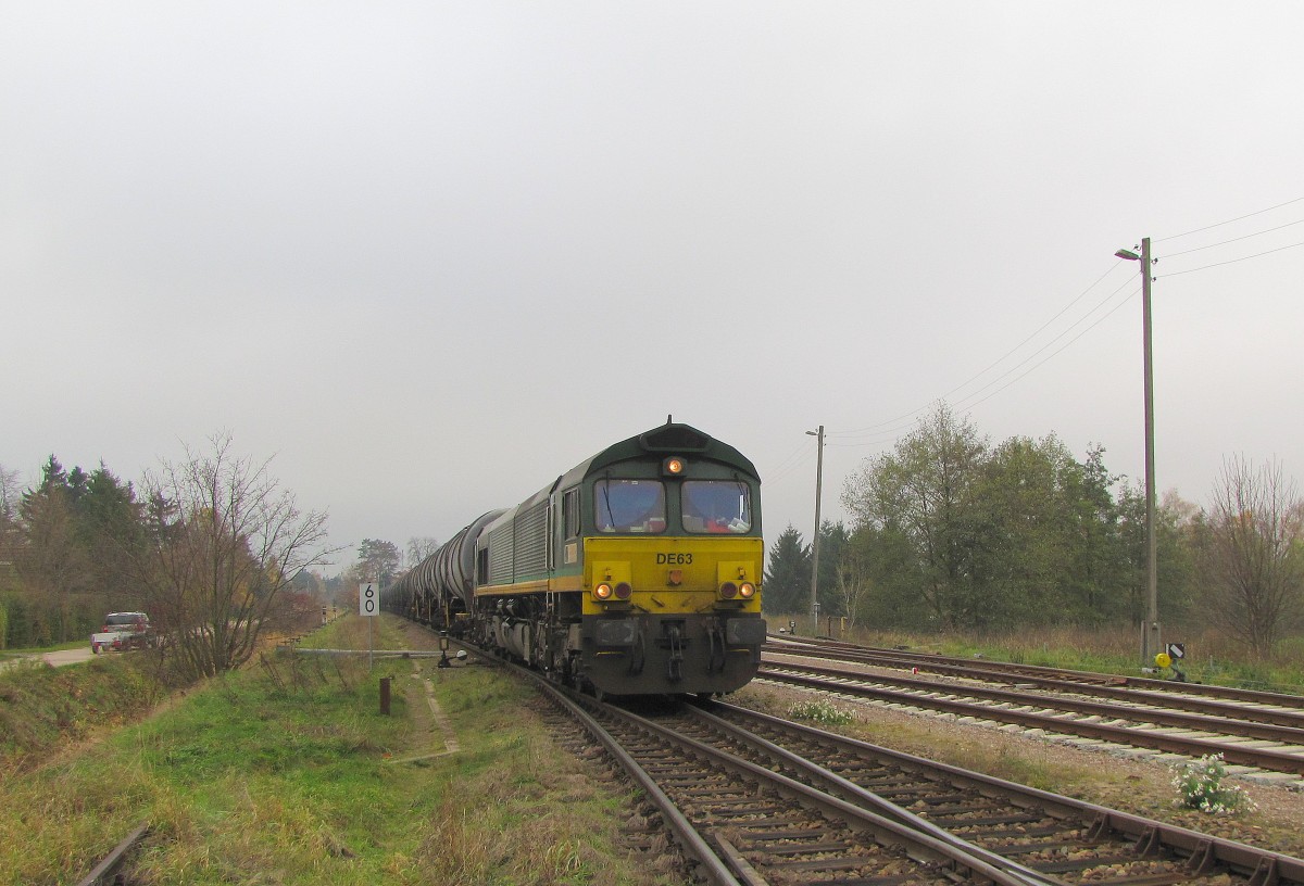 RheinCargo DE 63 mit dem DGS 95250 nach Grokorbetha, am 15.11.2013 in Emleben.