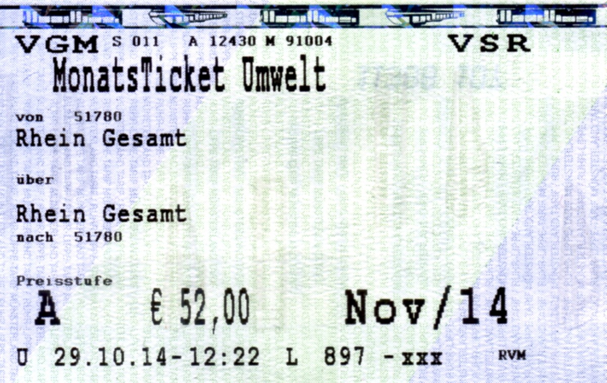 RHEINE (Kreis Steinfurt), 29.10.2014, Monatskarte für Fahrten innerhalb des Stadtgebietes Rheine incl. Zugnutzung zwischen Rheine-Mesum und Rheine -- Fahrkarte eingescannt