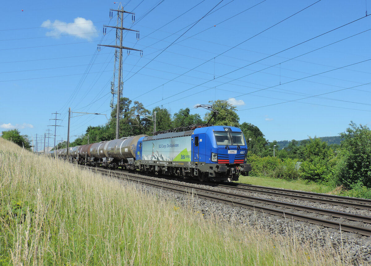 Rheinfelden-Augarten - 10. Juni 2022 : Hupac/BLS Lok 193 497 mit einem Kesselzug.
