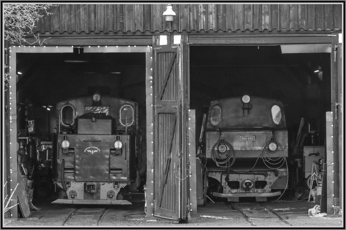 Ringe unter den Augen hat 007 …
Aber sicher nur vom warten auf eine bessere Zeit. 
Die Schwester der 764.411 im Heizhaus Stainz. 
9.12.2018