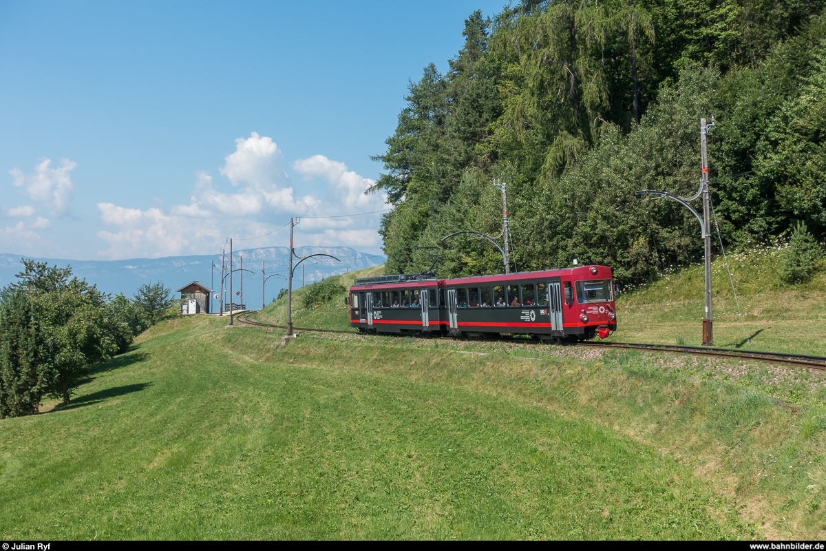 Rittnerbahn Be 4/8 21 ex Trogenerbahn am 27. Juli 2018 bei Wolfsgruben.