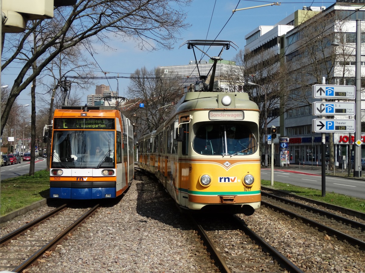 RNV 5650 (Wackeldackel) trifft auf RNV RHB 1017+1057 am 28.03.15 in Mannheim 