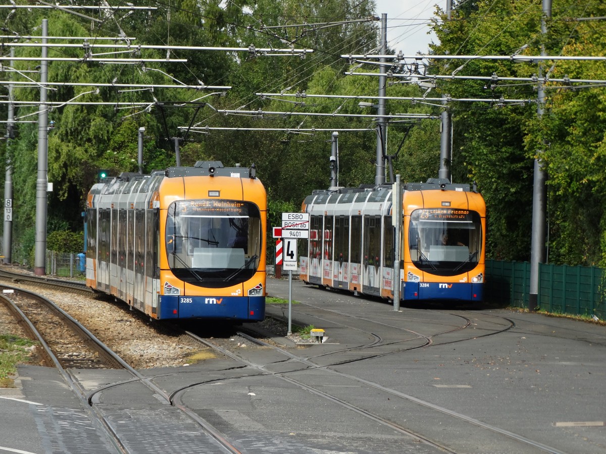 RNV Bombardier Variobahn 3285 und 3284 in der Wendeanlage Heidelberg Handschuhsheim Nord am 27.09.14 