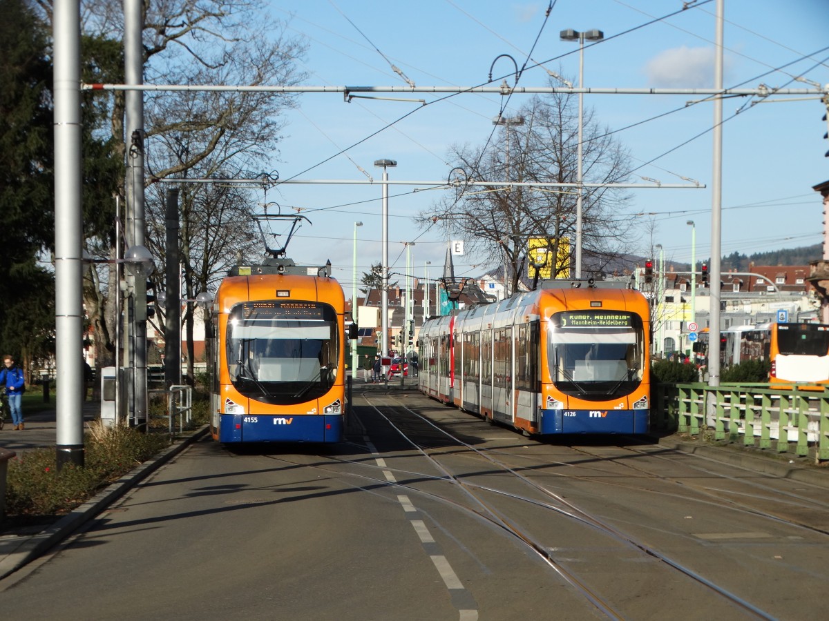 RNV Bombardier Variobahn 4155 und 4126 am 29.01.16 in Heidelberg Bismarckplatz