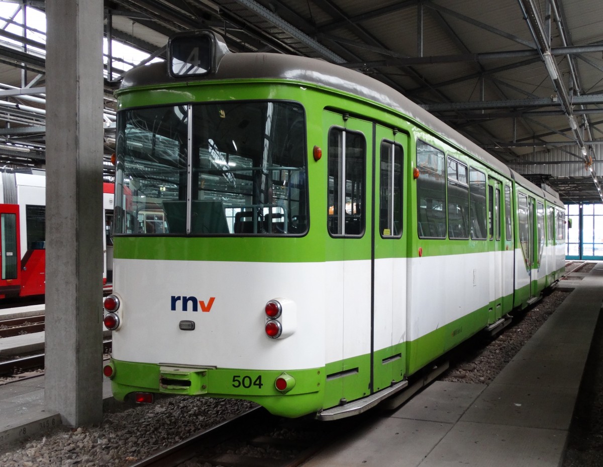 RNV Düwag GT8 504 von hinten am 28.03.15 im Depot Ludwigshafen im Rahmen einer IGN Sonderfahrt