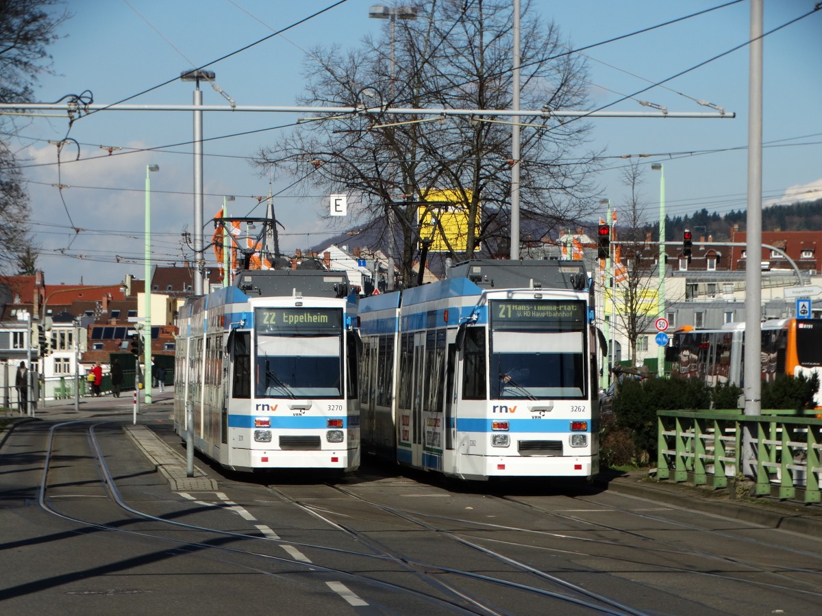 RNV MGT6D 3270 und 3262 am 25.02.16 in Heidelberg