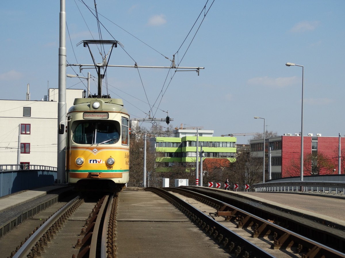 RNV RHB 1017+1057 auf der Mannheim Brücke am Hauptbahnhof am 28.03.15