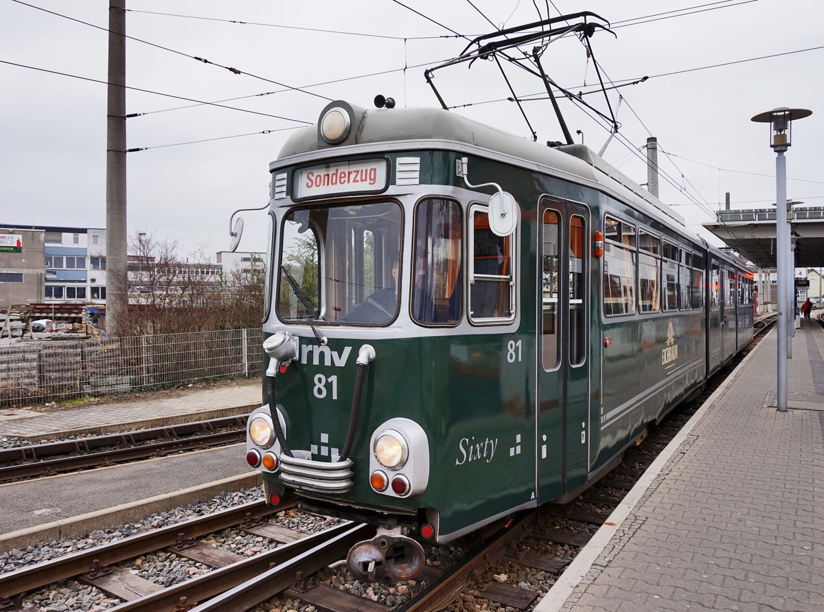 rnv-Tramwagen 81  EICHBAUM , am 19.3.2016 als Sonderzug im Bahnhof Käfertal.