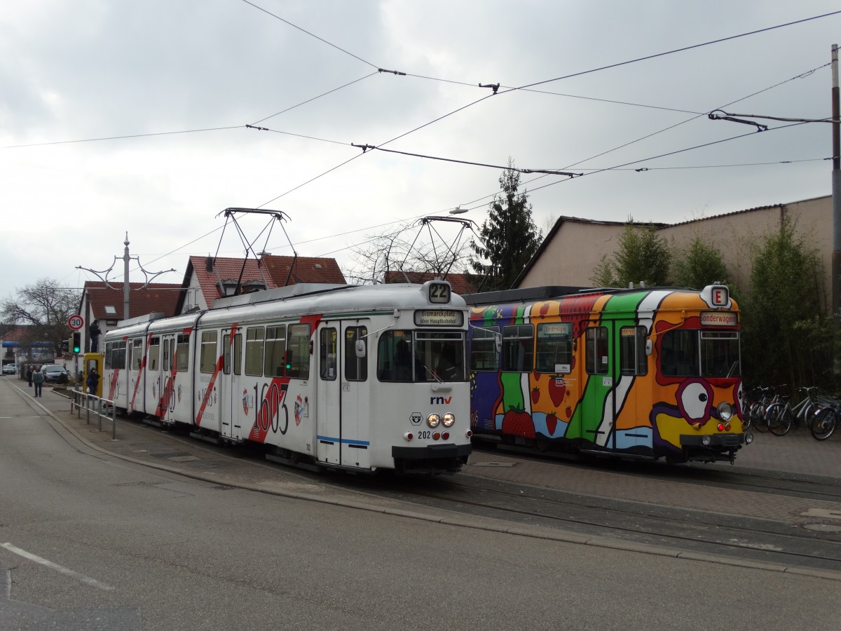 RNV Wagen 202 und 204 (IGN) am 22.02.15 in Eppelheim Endhaltestelle 