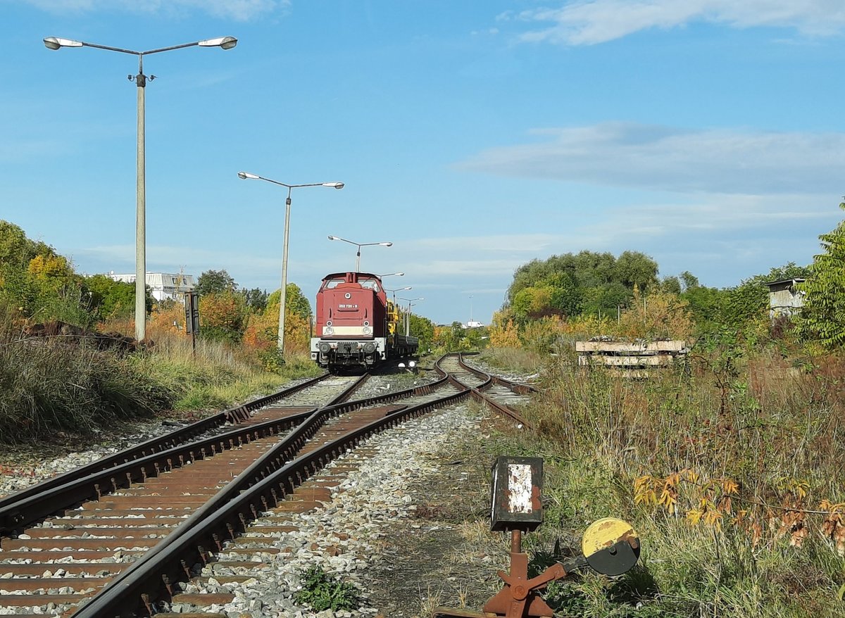 Rohde Bahnbau 202 720-9 pausiert am 21.10.2020 mit einem Bauzug in Erfurt Nord. Vom Bahnübergang aus fotografiert.