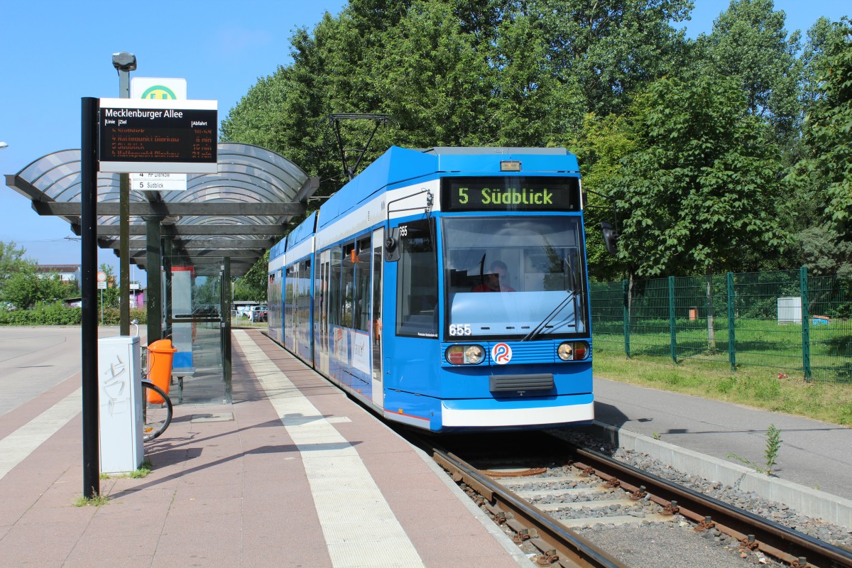 Rostock RSAG SL 5 (DWAG/DWA-6NGTWDE 655) Lichtenhagen, Sternberger Strasse / Endstelle Mecklenburger Allee am 16. Juli 2013.