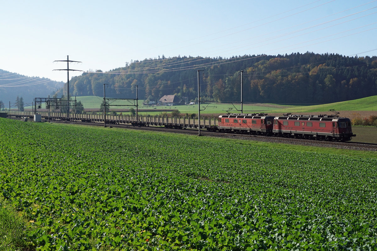 Rote und blaue Re 620 Doppeltraktion von SBB CARGO.
Holzzug Domodossola - Basel leider im Gegenlicht bei Riedtwil am 26. Oktober 2019.
Der Leermaterialzug wurde geführt mit Re 620 070  AFFOLTERN AM ALBIS  und der Re 620 040  MÜNCHENSTEIN .
Foto: Walter Ruetsch