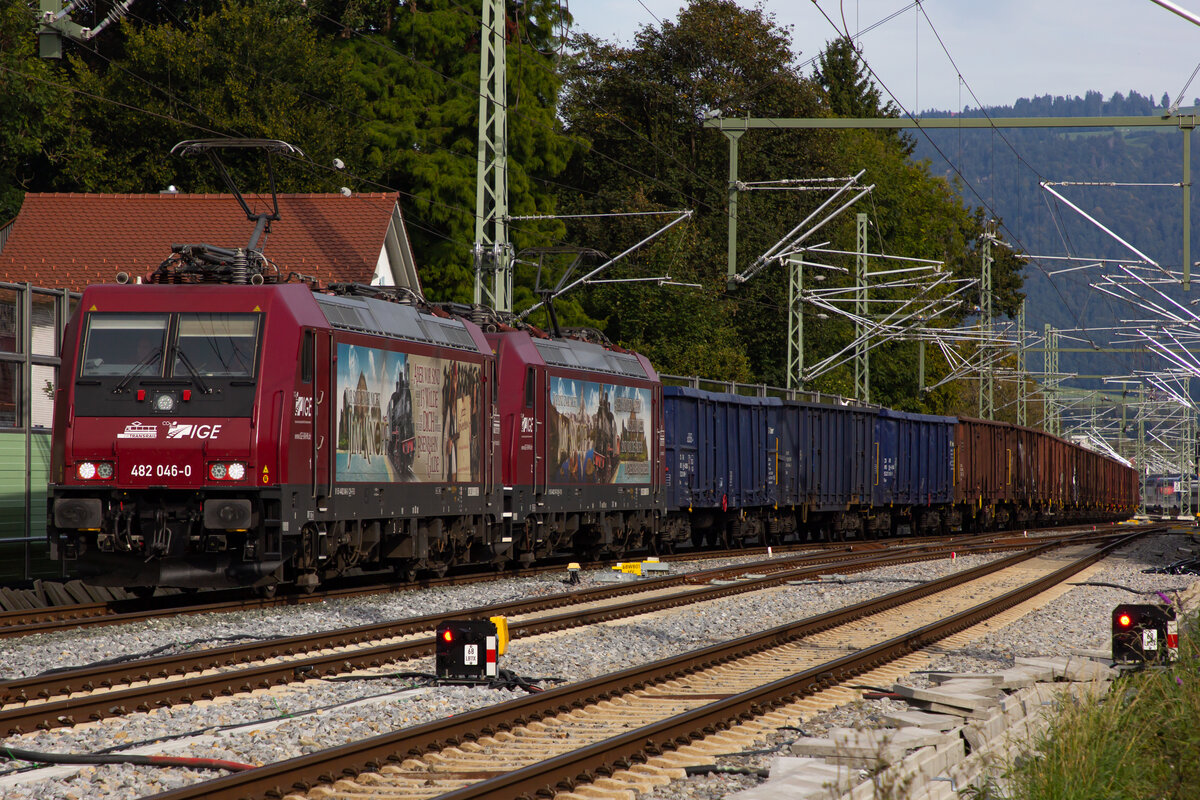 Rübenexpress: 482 049-0 und 047-8 ziehen den langen 34 Waggon umfassenden leeren Zug aus Lindau Reutin. 22.9.21