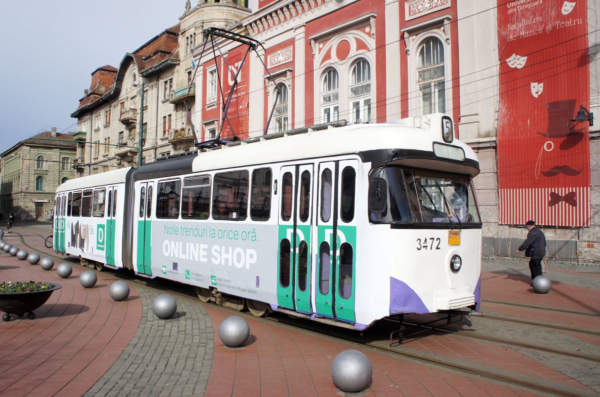Rumänien / Straßenbahn (Tram) Timişoara: Hansa GT4c - Wagen 3472 (ehemals Bremen) der Regia Autonomă de Transport Timişoara (R.A.T.T.), aufgenommen im März 2017 im Stadtgebiet von Timişoara.
