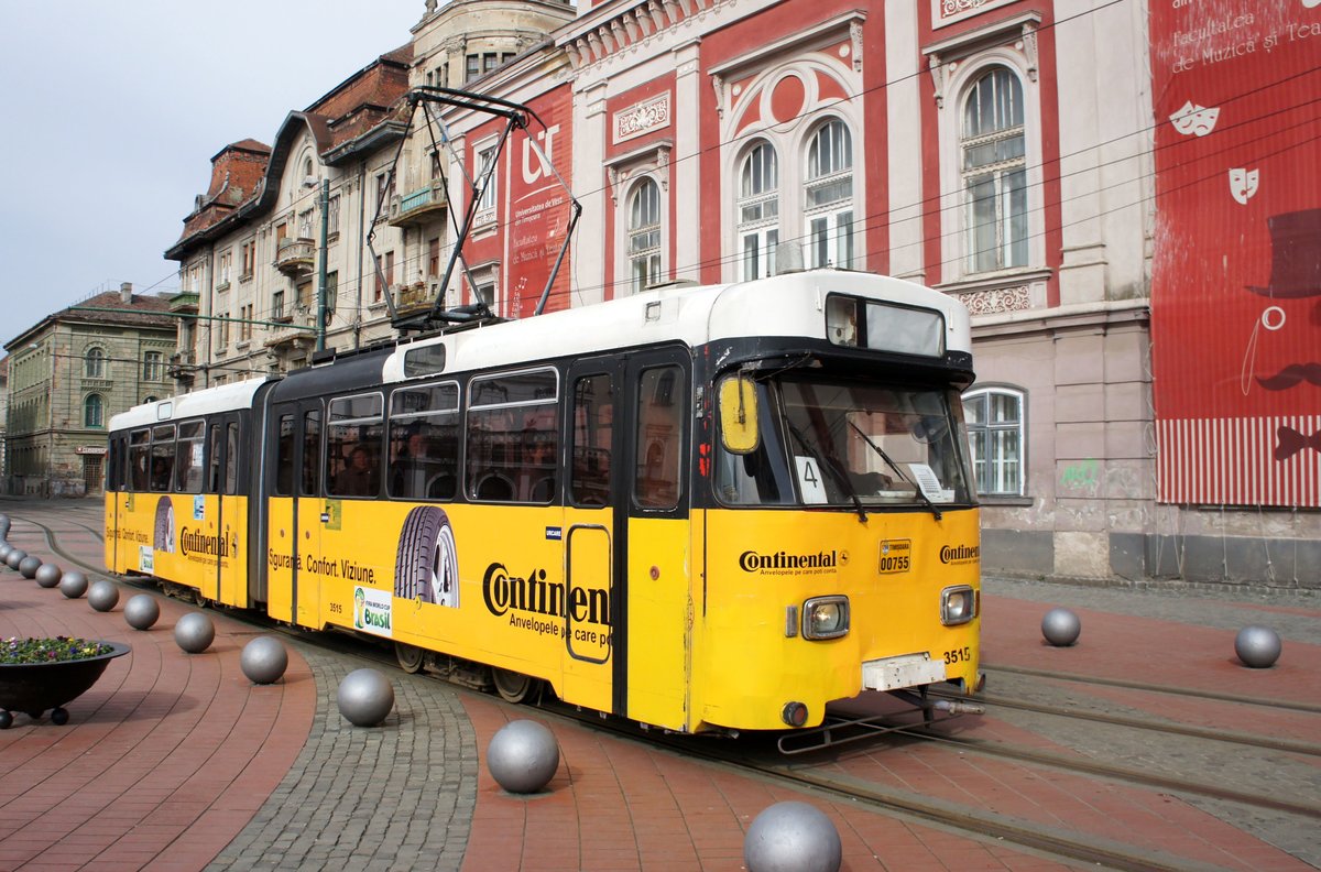 Rumänien / Straßenbahn (Tram) Timişoara: Wegmann GT4e - Wagen 3515 (ehemals Bremen) der Regia Autonomă de Transport Timişoara (R.A.T.T.), aufgenommen im März 2017 im Stadtgebiet von Timişoara.