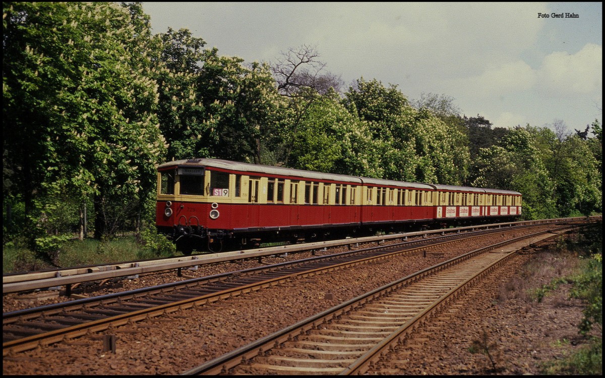 S 1 mit Wagen 724 Höhe Berlin - Schlachtensee am 6.5.1989 in Richtung Wannsee.