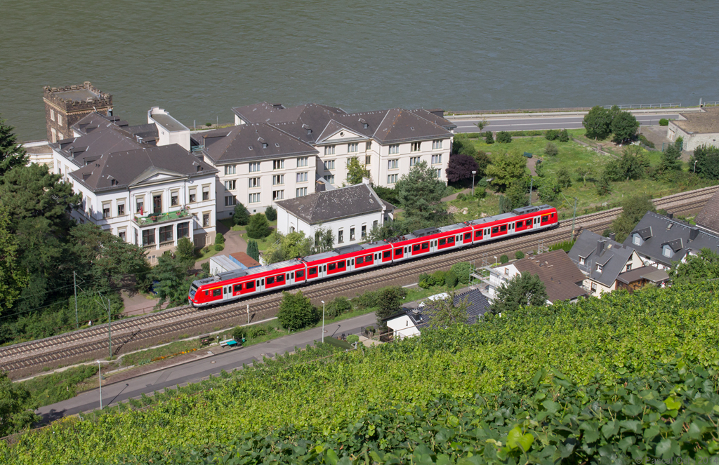 S-Bahn Stuttgart auf Abwegen: Als Lt 73696 war am 20. August 2014 der Plochinger 423 010/510 unterwegs vom Werk Krefeld ins heimische Plochingen. Sein Weg führte ihn dabei auch durch Assmannshausen, wo diese Aufnahme entstand.