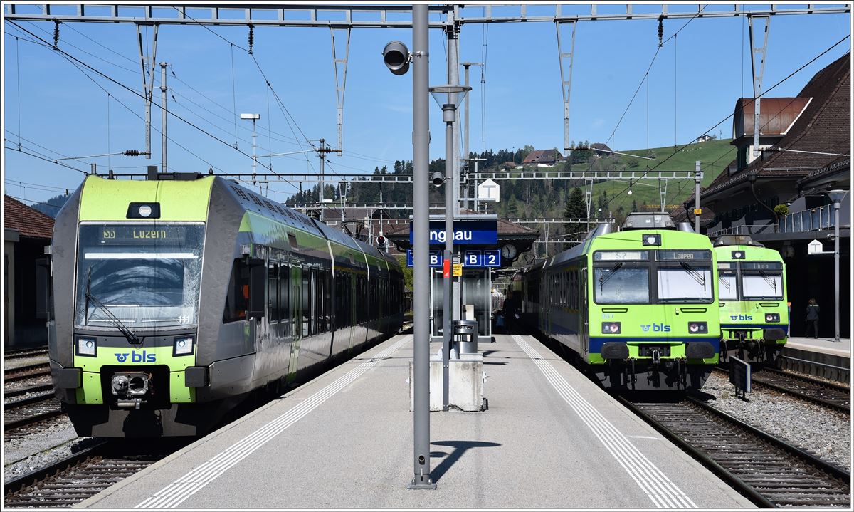 S-Bahnen nach Luzern, Laupen und Thun in Langnau. RABe 535 (Lötschberger) und RBDe 565. (22.04.2017)