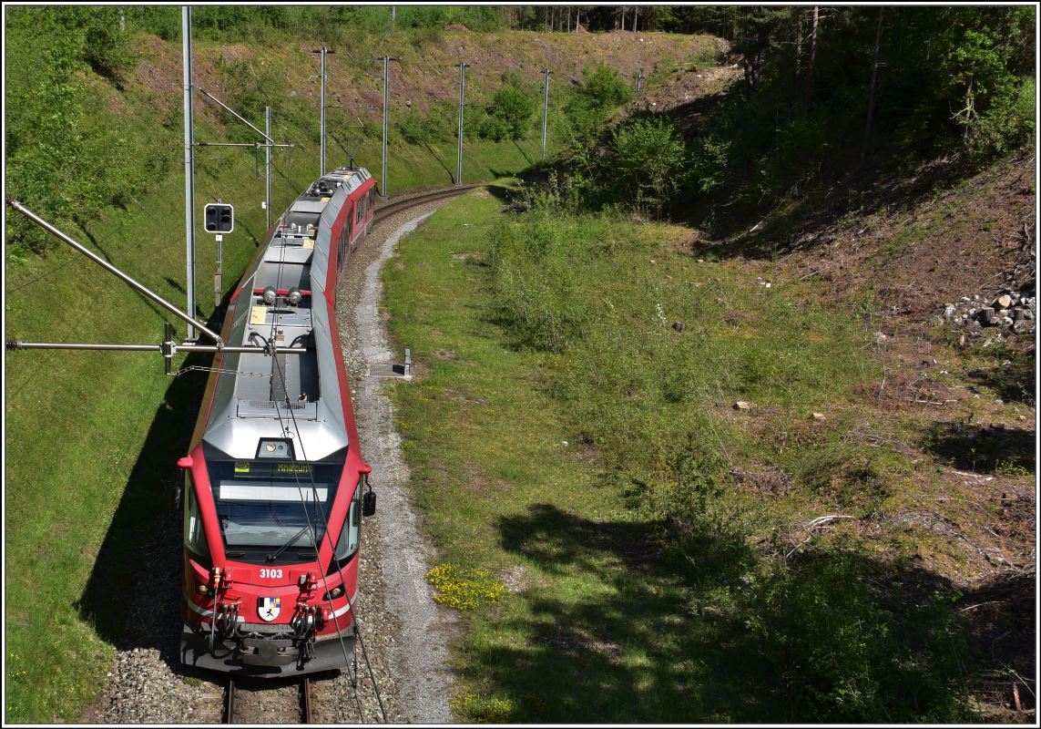 S1 1513 mit ABe 4/16 3103 zwischen Reichenau-Tamins und Bonaduz. (12.05.2018)