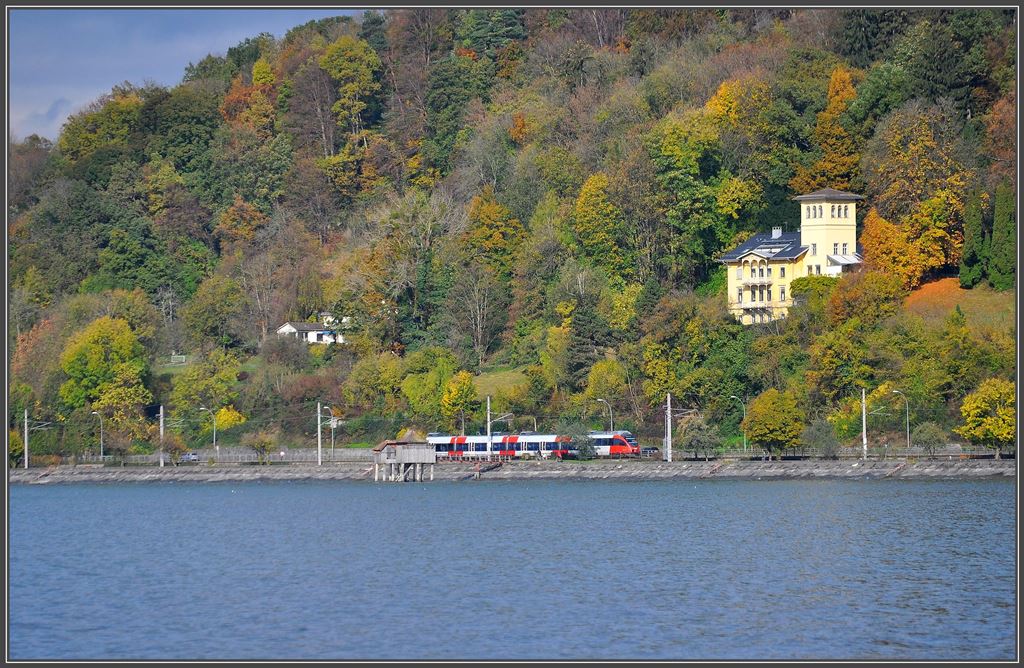 S1 Feldkirch - Lindau Hbf am Ufer des Bodensees bei Bregenz Hafen. (05.11.2013)