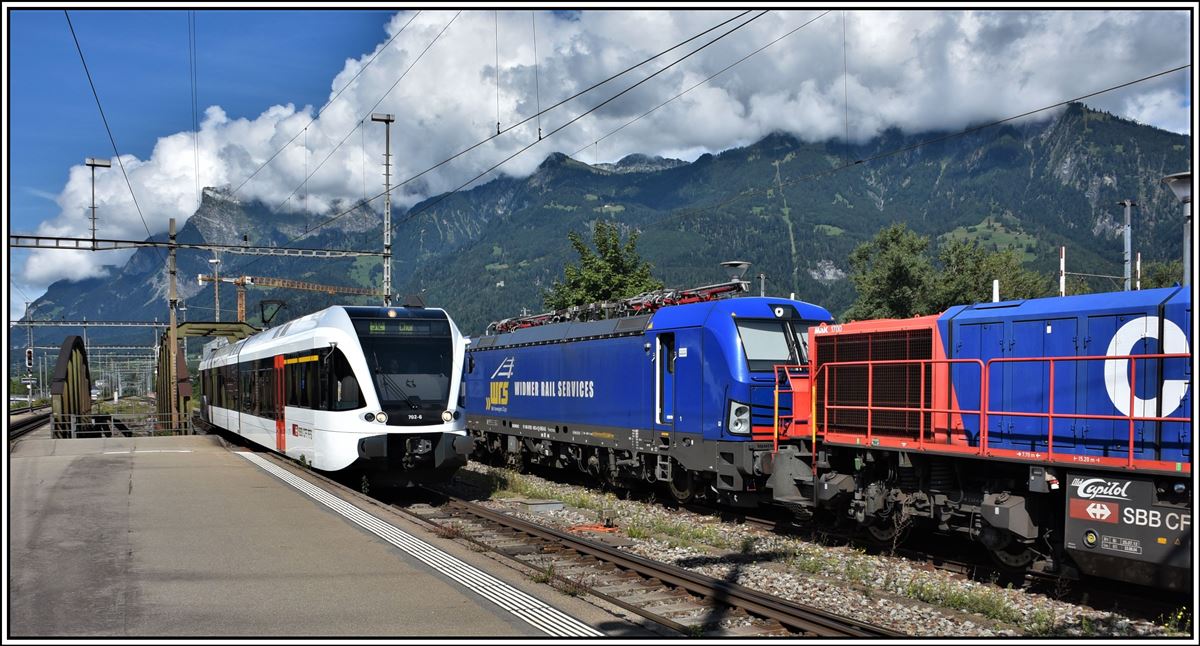 S12 12255 GTW 526 702-6,  Widmer Rail Services 193 493-4 und Am 843 062-1 in Landquart. (09.09.2019)