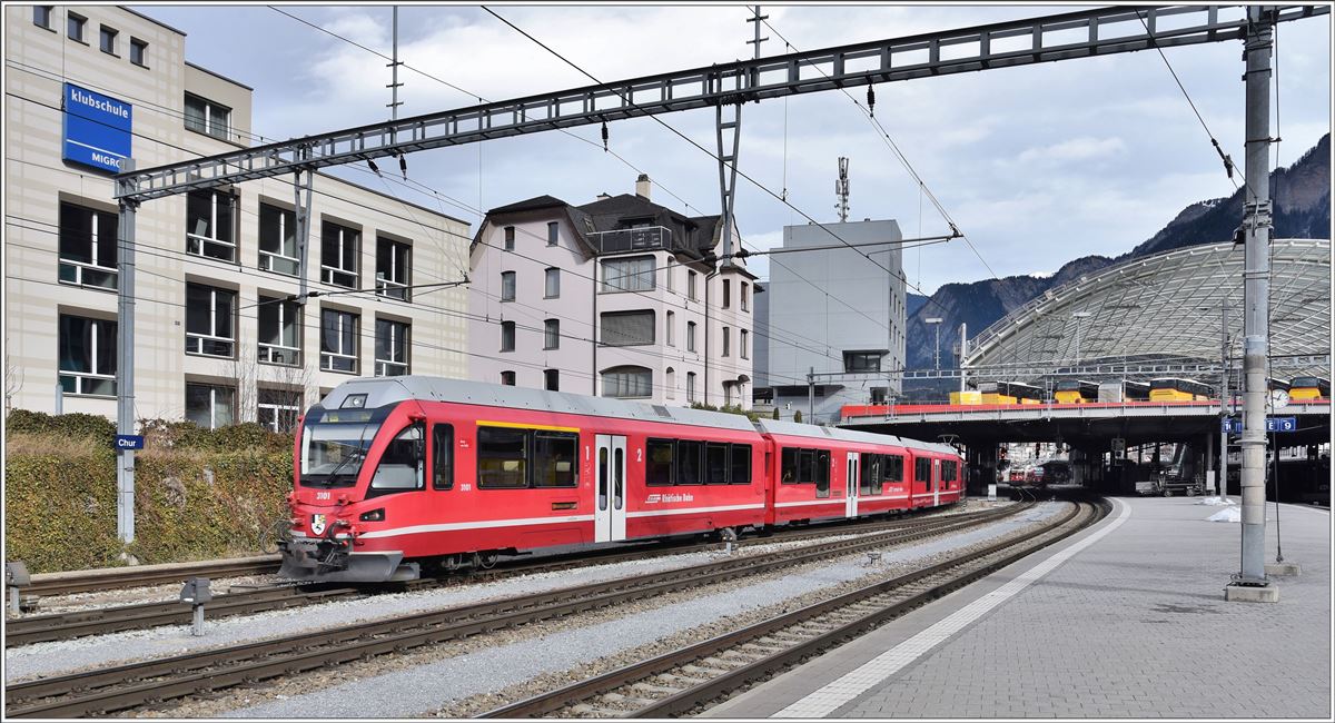 S2 1557 mit ABe 4/16 3101 nach Thusis verlässt den Bahnhof Chur. (04.02.2017)