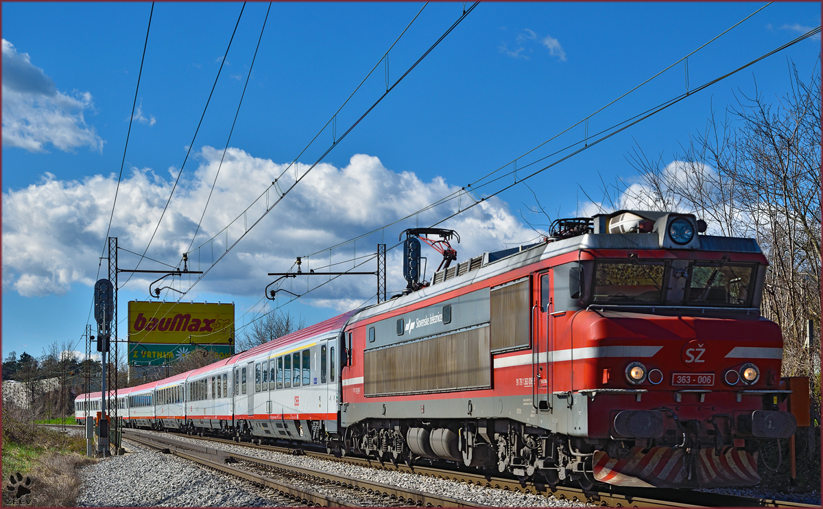 SŽ 363-006 zieht EC158 'Croatia' durch Maribor-Tabor Richtung Wien. /3.4.2015