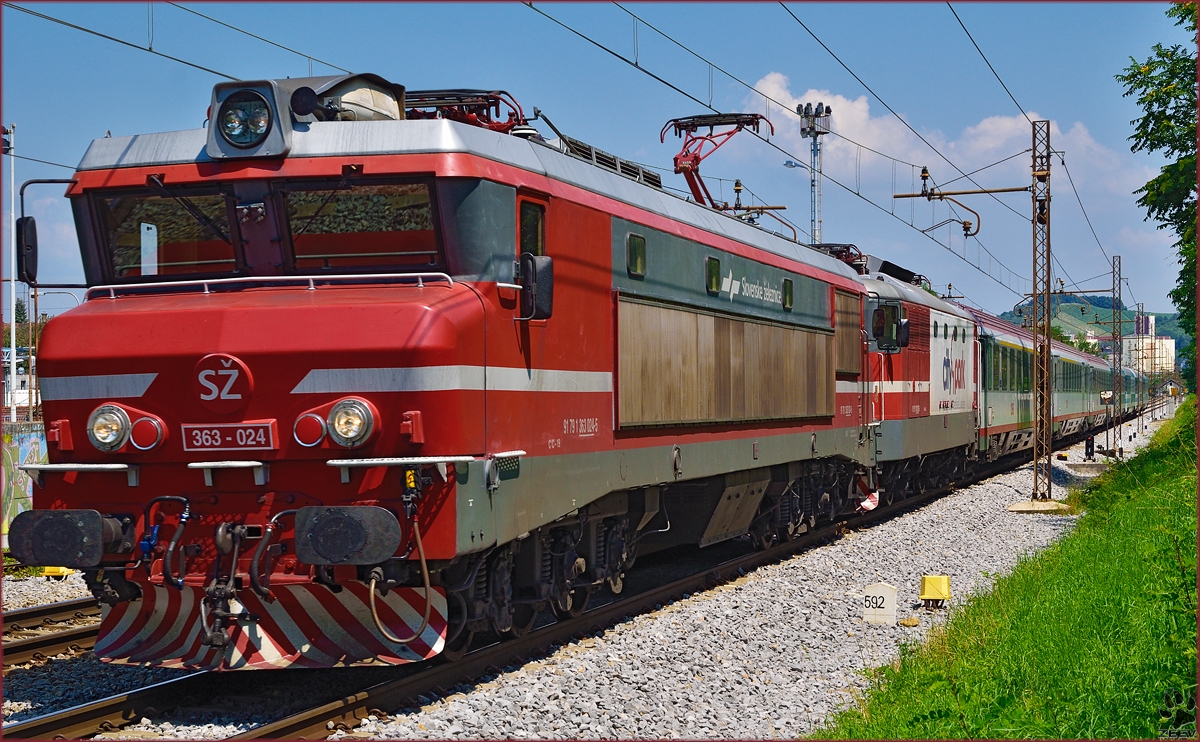 SŽ 363-024 zieht EC151 'Emona' durch Maribor-Tabor Richtung Ljubljana. /18.7.2014