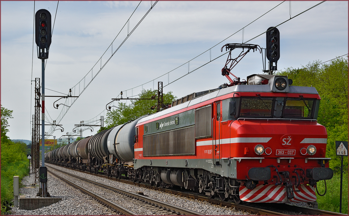 SŽ 363-037 zieht Kesselzug durch Maribor-Tabor Richtung Norden. /5.5.2015