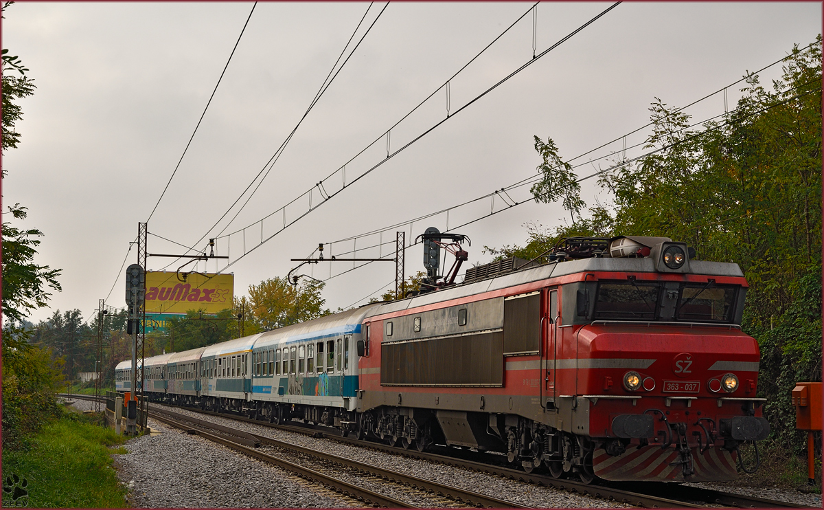 SŽ 363-037 zieht Migrantenzug durch Maribor-Tabor Richtung Šentilj. /27.10.2015