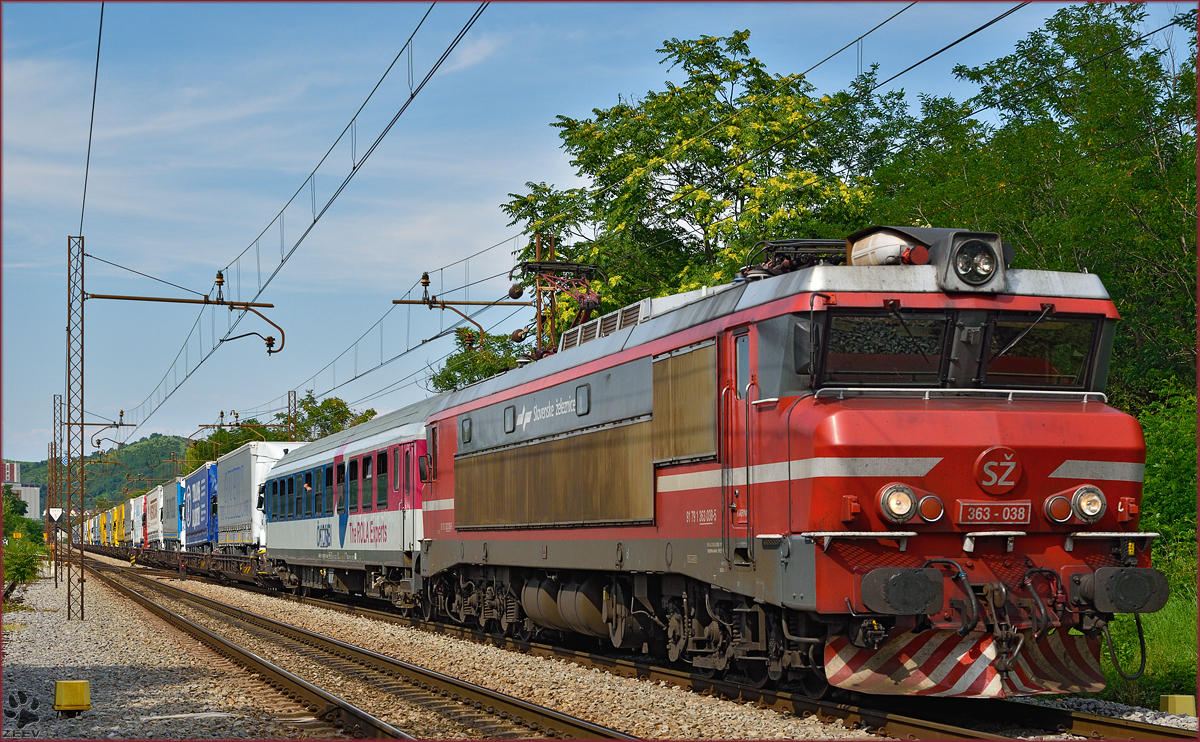 SŽ 363-038 zieht LkW-Zug durch Maribor-Tabor richtung Tezno Verschiebebahnhof. /24.7.2014