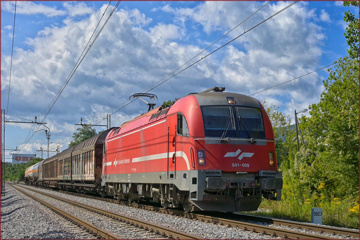 SŽ 541-009 zieht Güterzug durch Maribor-Tabor Richtung Norden. /1.9.2021