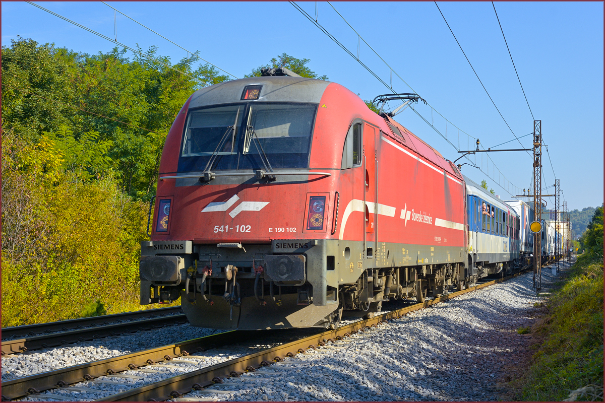 SŽ 541-102 zieht LkW-Zug durch Maribor-Tabor Richtung Tezno VBF. /10.9.2020