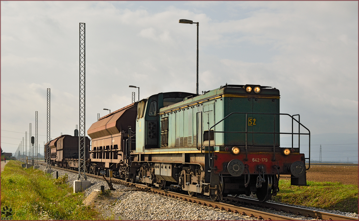 SŽ 642-179 zieht Güterzug durch Cirkovce-Polje Richtung Ptuj. /2.10.2014