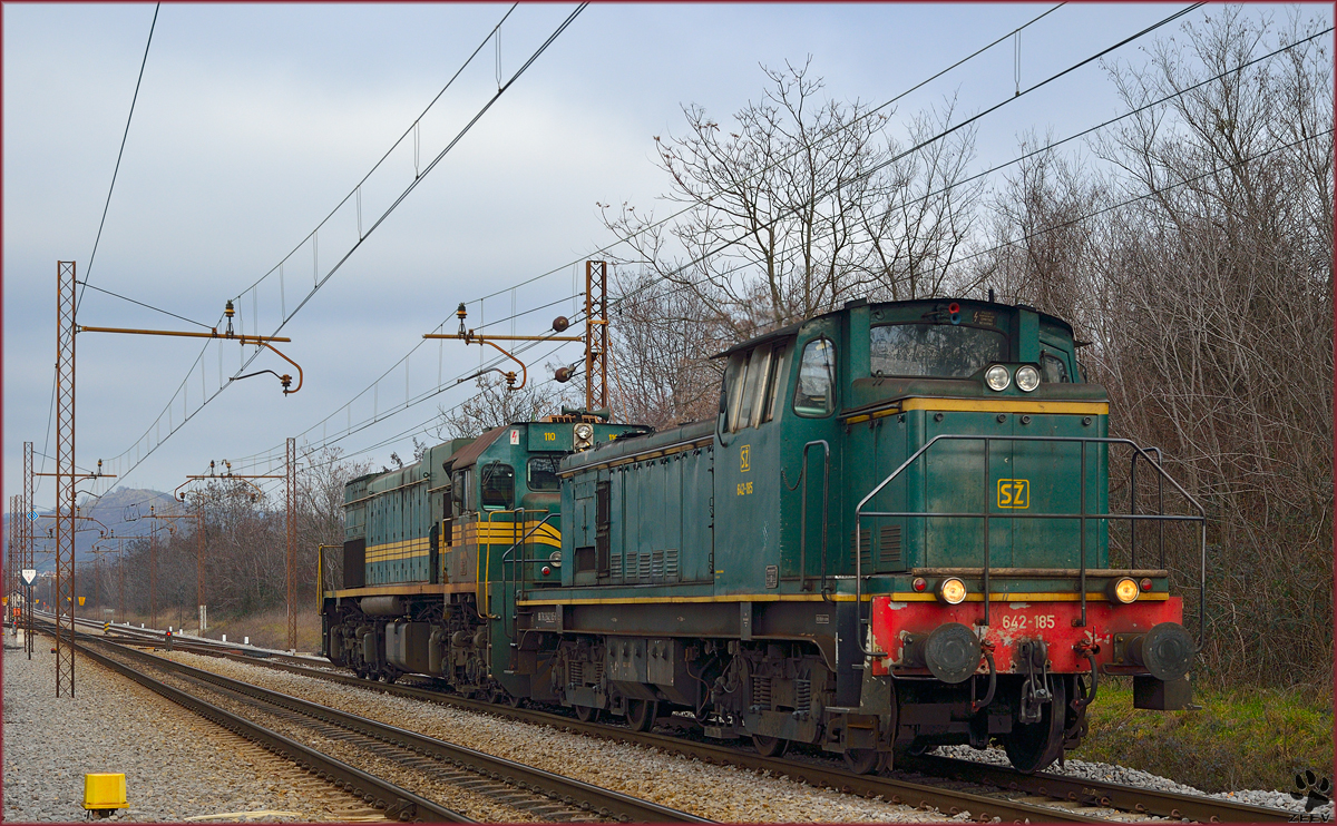 SŽ 642-185 + 664-110 fahren durch Maribor-Tabor Richtung Tezno Verschiebebahnhof. /22.1.2014