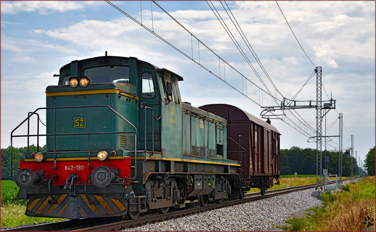 SŽ 642-190 zieht Güterwagon durch Cirkovce-Polje Richtung Pragersko. /1.7.2016
